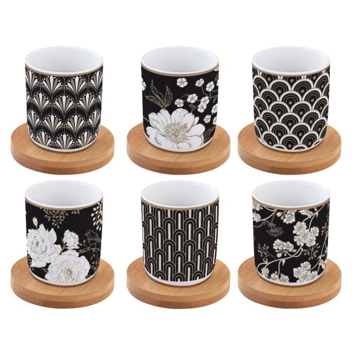 COFFRET 6 TASSES A CAFE EN PORCELAINE SOUS TASSES EN BOIS ART DECO FLOWERS - EASYLIFE