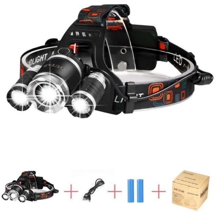 OUTAD Zoomable 4 modes Super Bright LED 3 Lampe frontale Lampe frontale avec piles rechargeables 7000K Mains libres Durable