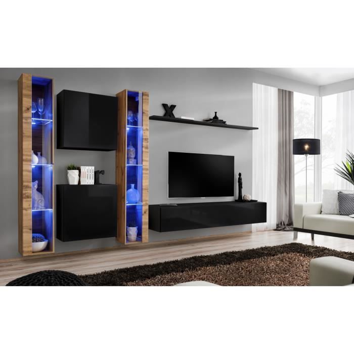 Ensemble meuble salon mural SWITCH XVI design, coloris noir brillant et chêne Wotan. 40 Noir