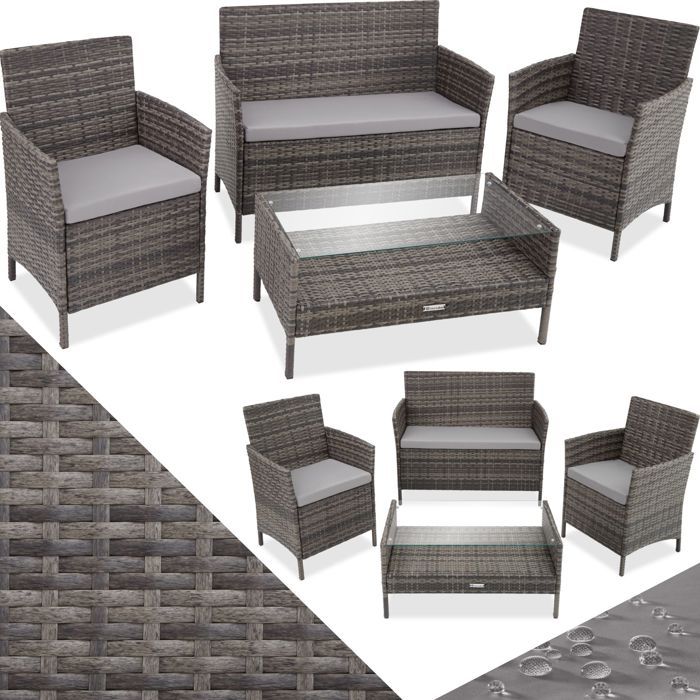 TECTAKE Salon de jardin MADERE - 2 Chaises Fauteuils, 1 Banc, 1 Table en Résine Tressée Structure Acier Gris