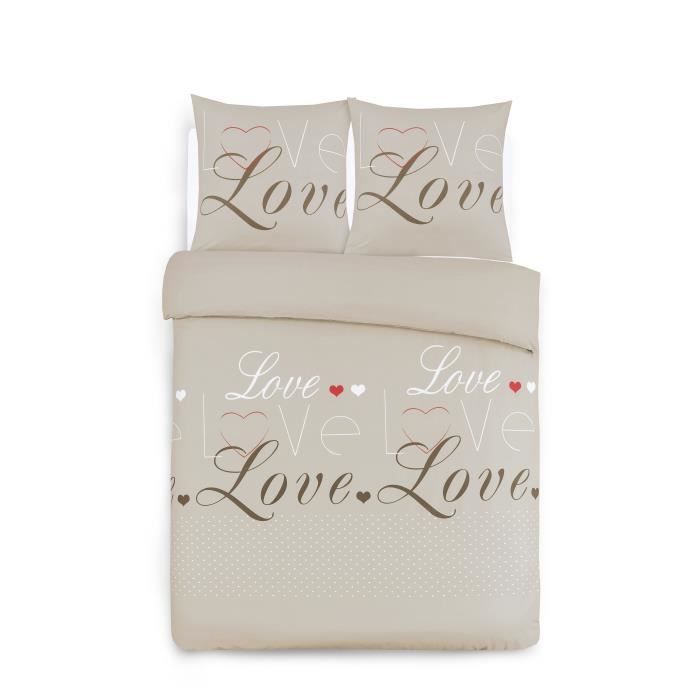 VISION Parure Housse de couette Flanelle Love 100% coton - 260x240 cm - Beige