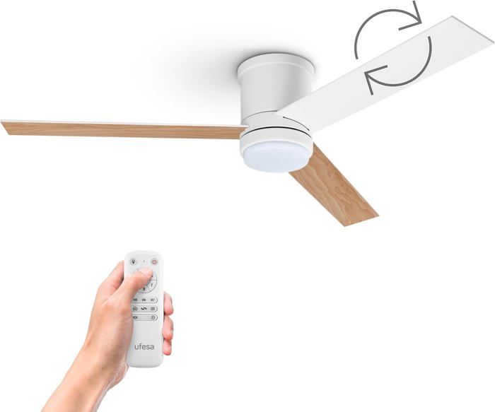 UFESA CFNP Ventilateur de Plafond avec Lumière, 40W, 6 Vitesses, Silencieux, 3 Pales en bois Naturel 132cm, Fonction été - hiver, Minuterie 8h, 3 Niveaux de Lumière, Télécommande, Blanc-Bois Clair UFESA CFNP Ventilateur de Plafond avec Lumière, 40W, 6 Vitesses, Silencieux, 3 Pales en bois Naturel 132cm, Fonction été - hiver, Minuterie 8h, 3 Niveaux de Lumière, Télécommande, Blanc-Bois Clair