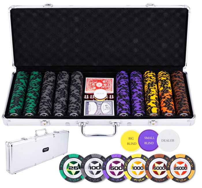 Mallette de Poker Coffret de Poker Complet avec 500 jetons 2 Jeux de Cartes + 5 dés Bouton Dealer 2 clés alu