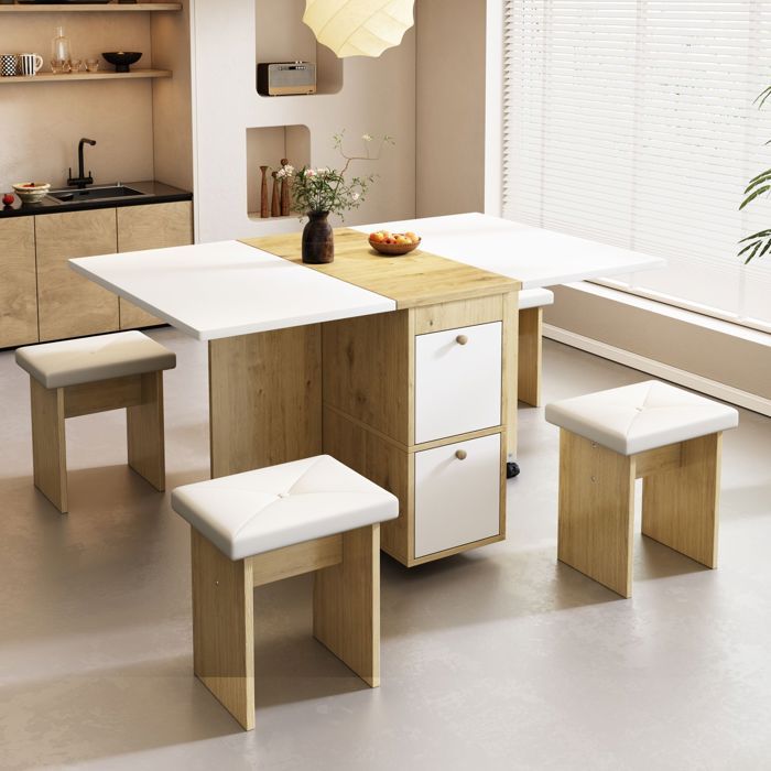 Ensemble Table à Manger avec 4 ChaisesTable de Salon ExtensibleChaises de Salle à MangerChaises de CuisineBlanc+Chêne