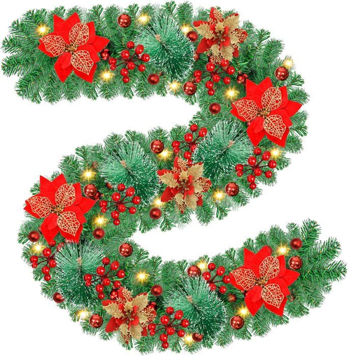 Guirlande LED Noël 5 M - 100 Lumières Blanc Chaud Avec Boules Rouges/Dorées Et Flocons De Neige - 9