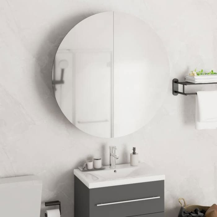 Armoire de salle de bain-Meuble de rangement suspendue miroir rond et LED Blanc 54x54x17 5 cm