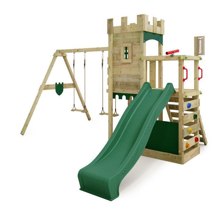 Aire De Jeux Extérieure FATMOOSE FruityForest Fun XXL En Bois – Portique Avec Balançoire, Toboggan Vert, Bac à Sable Et Tour D’Escalade