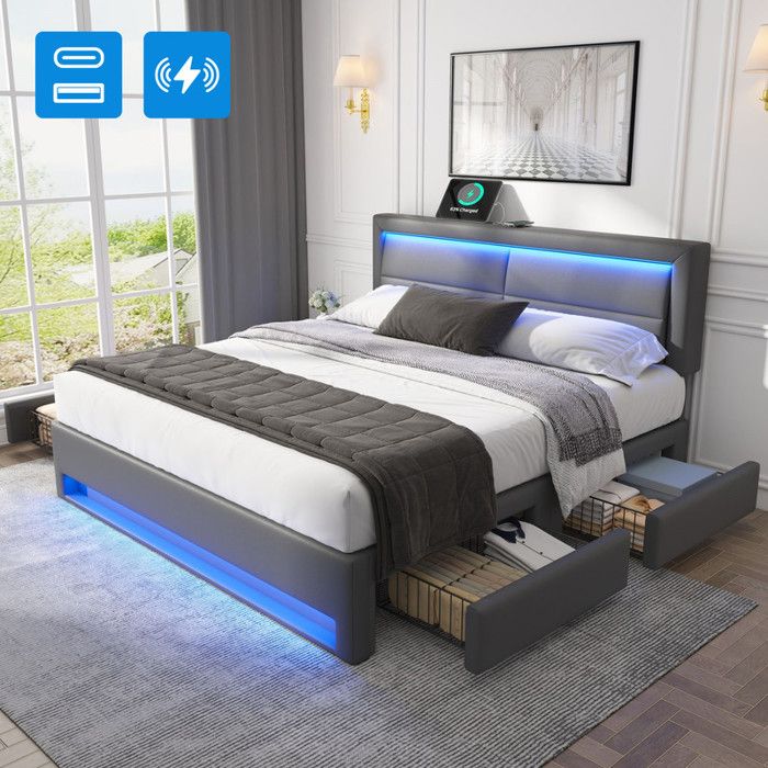 Lit Coffre Double 140x190 cm avec Port Usb Lit Adulte avec TêTe de Lit Led et Quatre Tiroirs de Rangement Lit 2 Personnes Gris