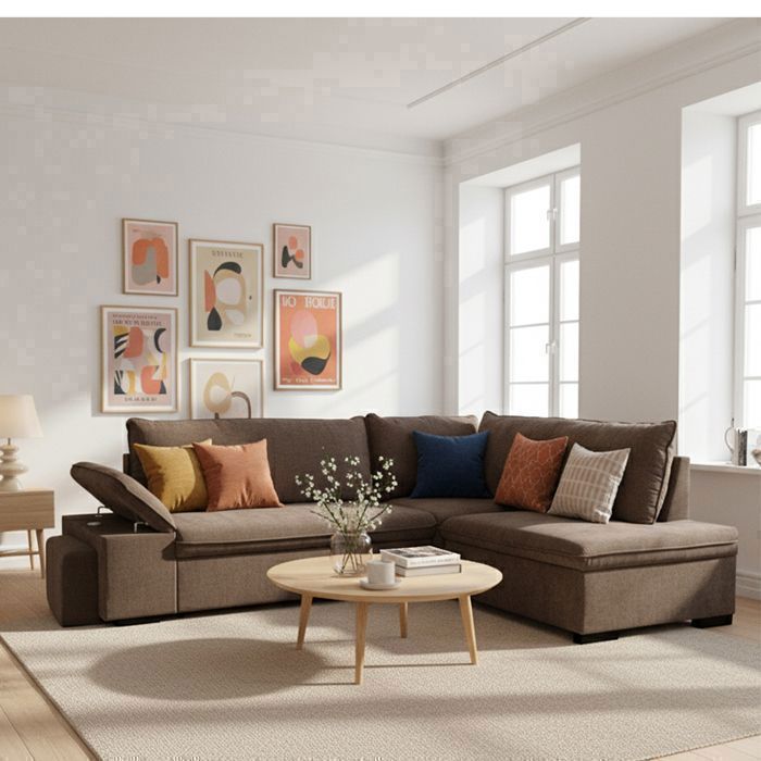 ALYA Canapé dangle reversible convertible Marron CHOCOLAT (tissu lisse) - Taille L - 5 places - 260 x 183 x 89