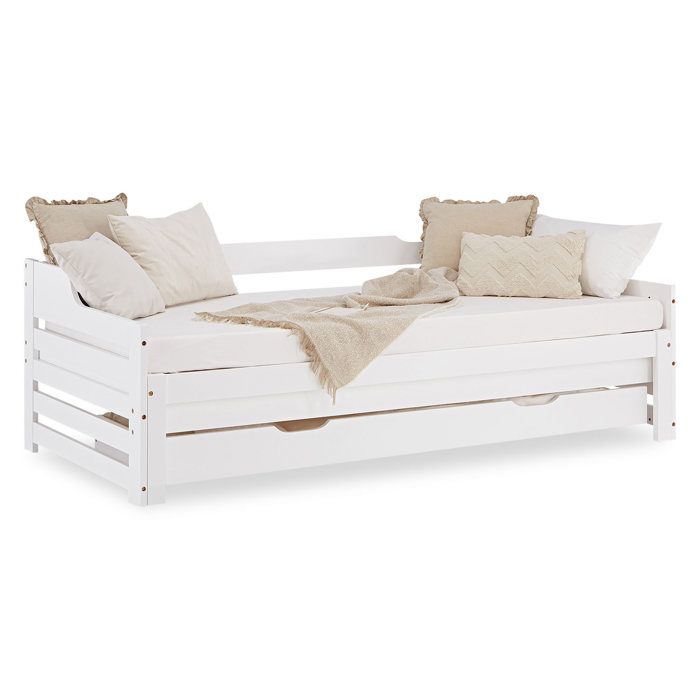 Lit Extensible 90x200 cm en Bois Blanc – Lit Gigogne Double avec Tiroir de Rangement et Sommier