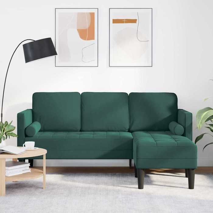 SOLOMON@Canapé 3 places - Sofa FIXE Contemporain - avec méridienne en L vert foncé 160 cm en velours XMM73292