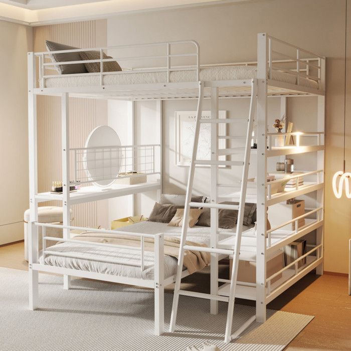 Lit Superposé 140x200 cm avec Plusieurs Compartiments de Rangement lit 1 personne avec Cadre en MéTal Lit Mezzanine Blanc
