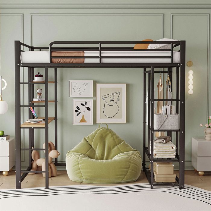 Lit mezzanine enfant 90 x 200 cm métal noir avec bureau rangement et échelle