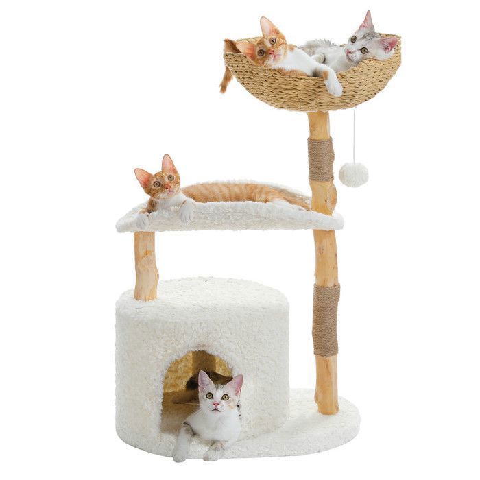 Meilleurs prix pour PAWZ Road Arbre à Chat Moderne 97 cm avec Poteaux en Bois Panier Tissé XXL Condo & Plateforme Courbée 50 cm Blanc
