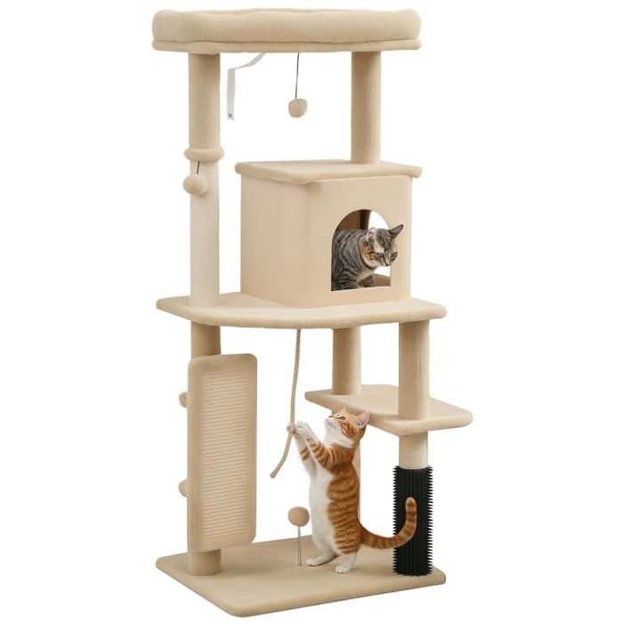 Meilleurs prix pour Arbre à chat - PawHut - hauteur 132 cm - avec tapis griffoir lit maison pour chat brosse de toilettage plateformes - beige