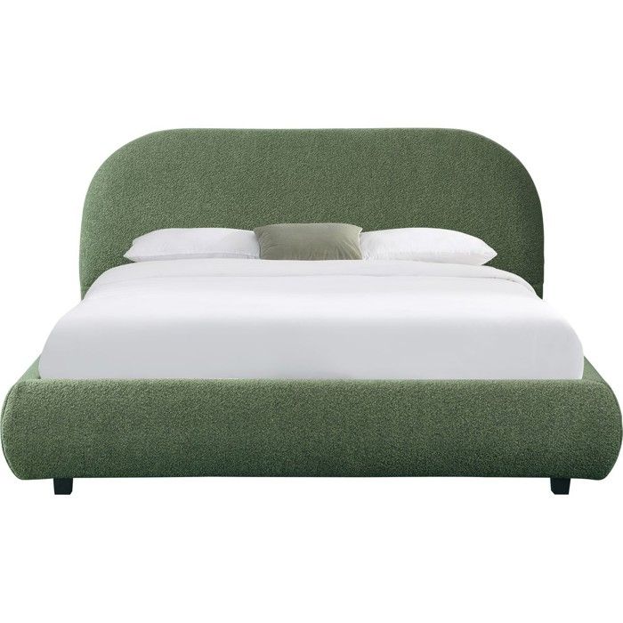 Lit adulte 140x190 cm avec sommier et tête de lit matelassée en tissu bouclé vert kaki - Maddie Lit adulte 140x190 cm avec sommier et tête de lit matelassée en tissu bouclé vert kaki - Maddie
