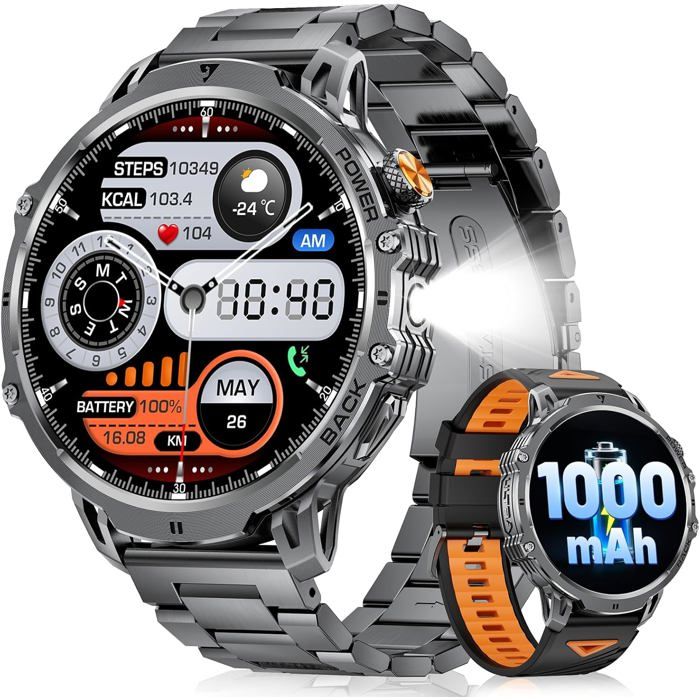 Montre Connectée Homme 1000 Mah Batterie/1.85 Hd Grand Écran/Led Lampe 100+ Modes Sport Ip68 Étanche Montre Fitness Avec 24/[C19]