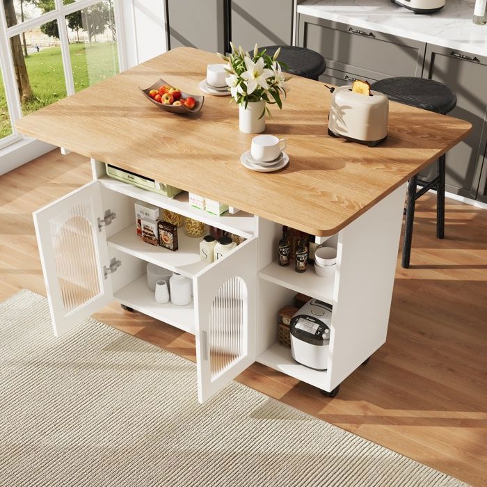 Desserte de Cuisine avec Plateau Rabattable Rangements Ouverts et Fermés Table à Manger Îlot Moderne sur Roulettes Blanc