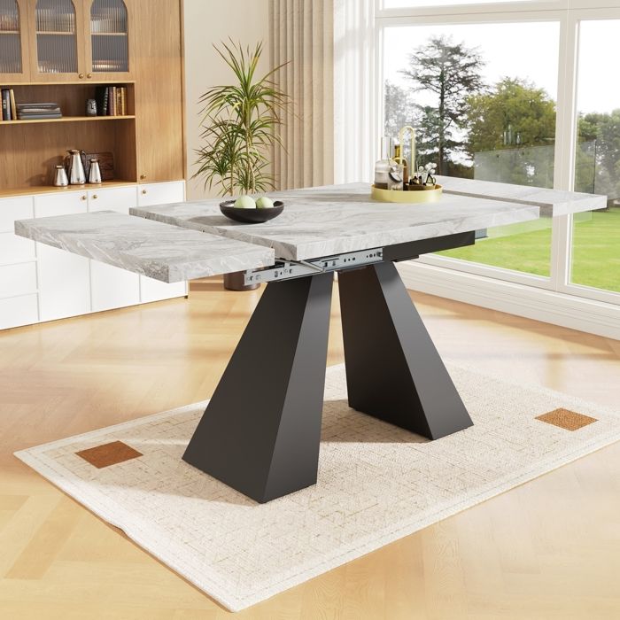 Table à manger télescopique (99-159×74cm) - table de cuisine extensible peu encombrante - plateau gris avec pieds en colonne -noir