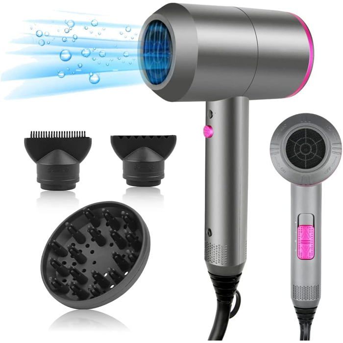 Sèche-Cheveux Professionnel Ionique 2000W Haute Vitesse Séchage Rapide 3 Températures & 2 Vitesses 2 Concentrateurs + 1 Diffuseur