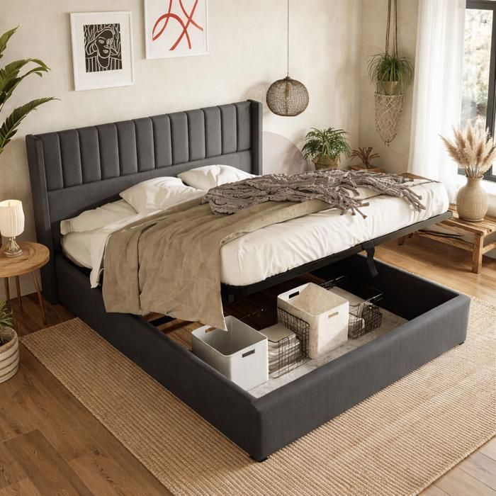 Lit Coffre Rembourré - Lin Gris Foncé - 140x200 cm - Tête de Lit Haute - Merax - Lit Double Lit Coffre Rembourré - Lin Gris Foncé - 140x200 cm - Tête de Lit Haute - Merax - Lit Double