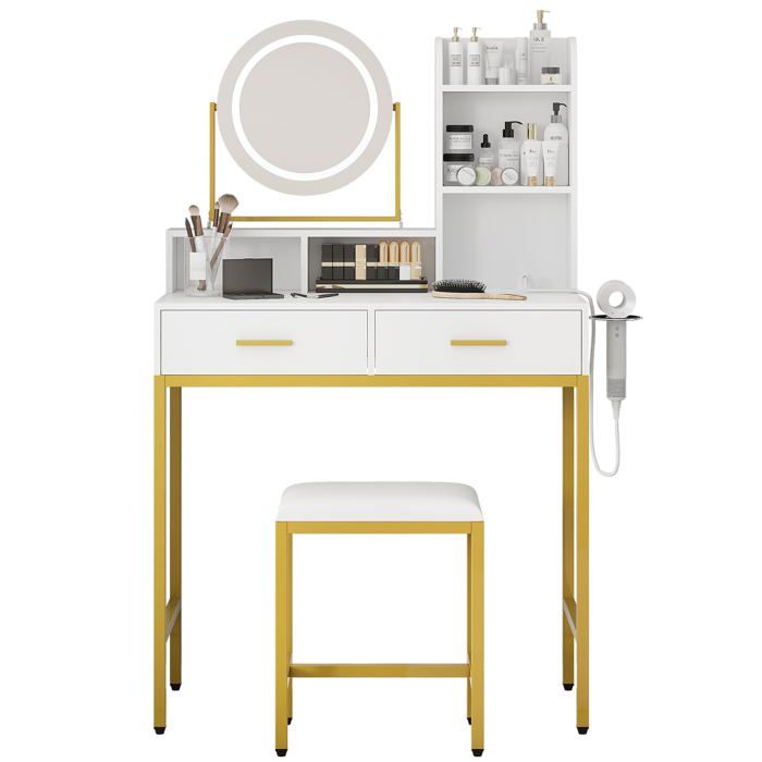 LUNSY - Coiffeuse avec Miroir LED et Tabouret - 80×40×138 cm - 3 Modes - avec 2 Tiroirs et 5 Étagères ouverte - Blanc et or