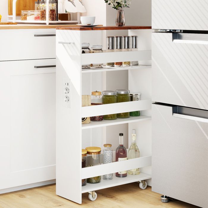 GIANTEX Desserte de Cuisine Étroit à Roulettes- 475x20x805cm- Station de Charge- Chariot de Service à 4 Niveaux- Blanc + Brun