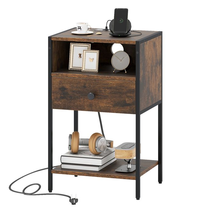 COSTWAY Table de Chevet avec Station de Charge Compartiment Ouvert Tiroir et Étagère de Rangement pour Chambre Salon Marron COSTWAY Table de Chevet avec Station de Charge Compartiment Ouvert Tiroir et Étagère de Rangement pour Chambre Salon Marron