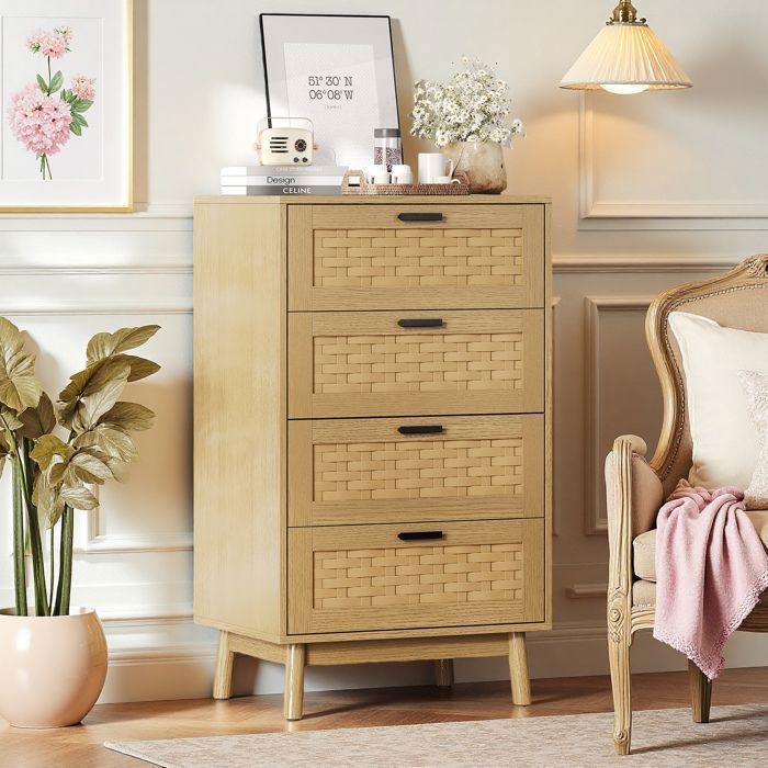 Buffet de salon Buffet 4 tiroirs en rotin Buffet haute Commode de chambre Meuble de rangement Panneaux de particules Bois