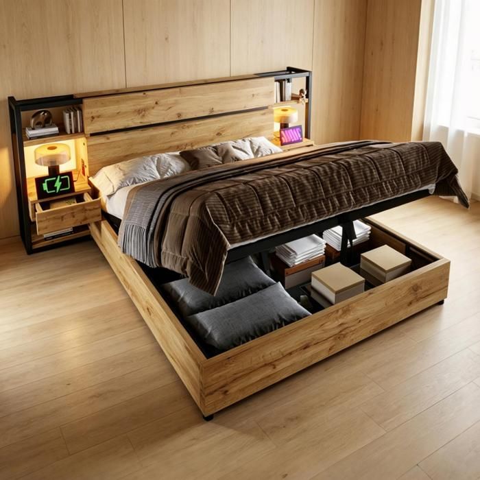 HOMVRA Lit Double 180x200 cm - Lit de Rangement Adulte avec Prises USB-C 2 Tiroirs et Sommier à Lattes - MDF - Couleur Chêne