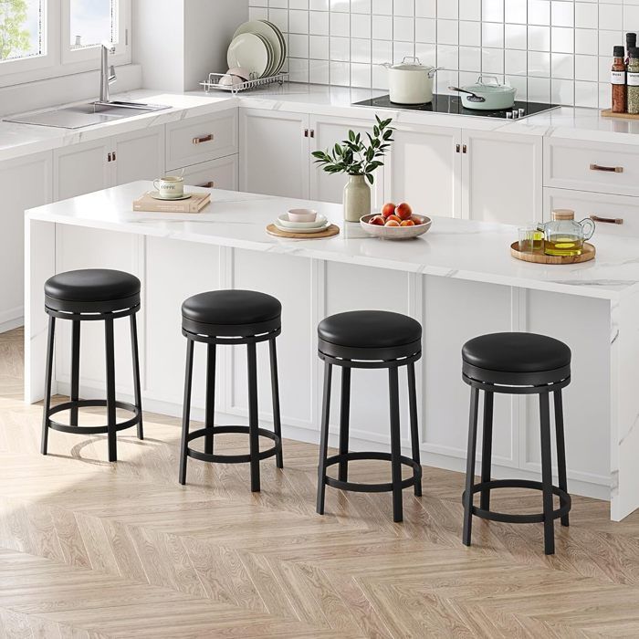 4pcs Tabouret De Bar Pivotant sans Dossier - Assise Ronde Rembourrée en Cuir PU- - Structure Métal Robuste - Hauteur 76 cm-noir
