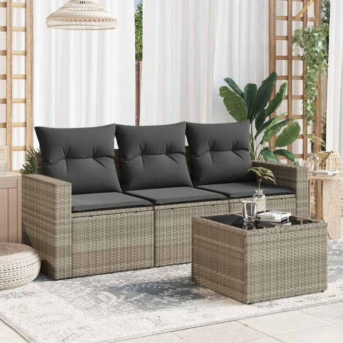 NEW 2026 Salon de jardin lot de 4 Meuble pour 3 personnes avec coussins gris clair résine tressée 65.5x62x69 cm S2127