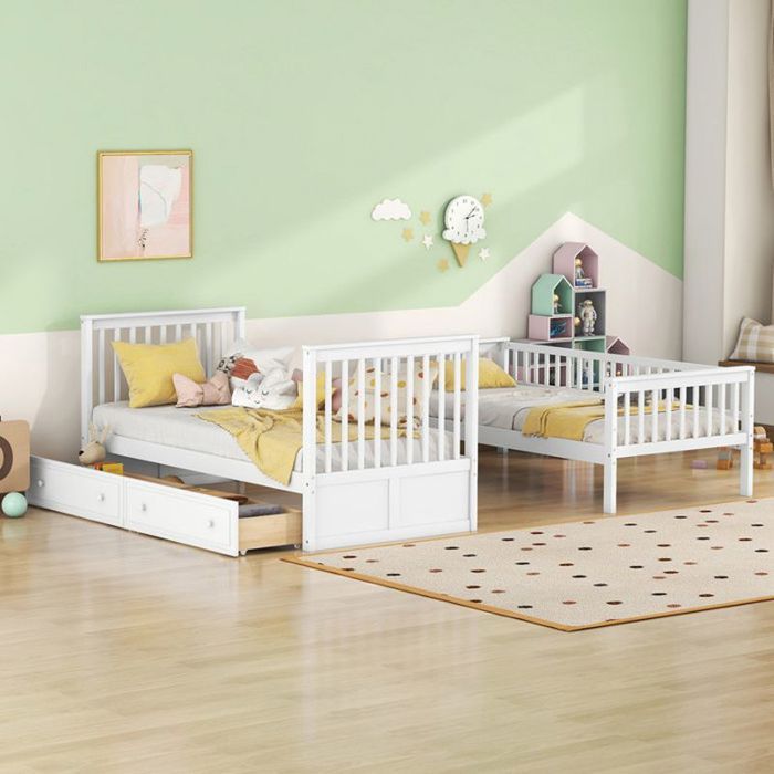 Lit denfant 90x200cm Lit fonctionnel Lit superposé avec tiroirs Lit convertible Blanc Matelas non inclus
