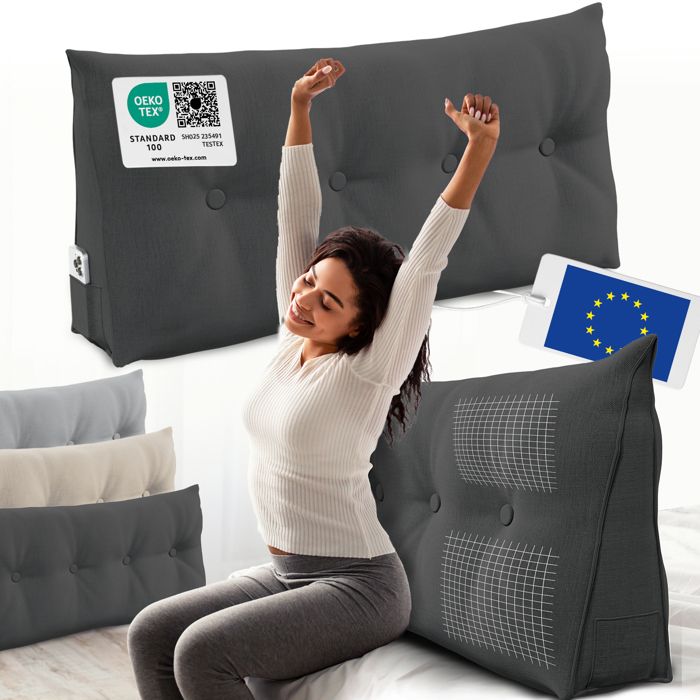 ELONEO coussin dossier lit 120 cm coussin triangulaire de lecture cale-dos avec housse lavable et poche latérale anthracite