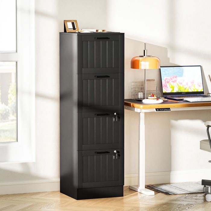 Caisson bureau meuble rangement bois 4 tiroirs et serrure barres de suspension réglables 40 x 40 x 131 cm noir