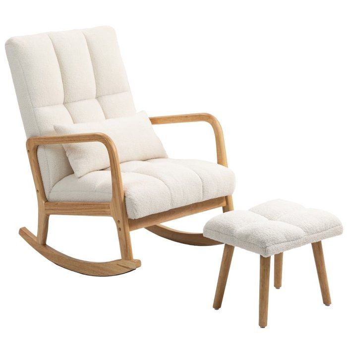 Fauteuil à Bascule avec Repose-Pieds Rocking Chair en Tissu  Assise Large Pieds en Bois Coussin Inclus Chaise à Bascule Blanc