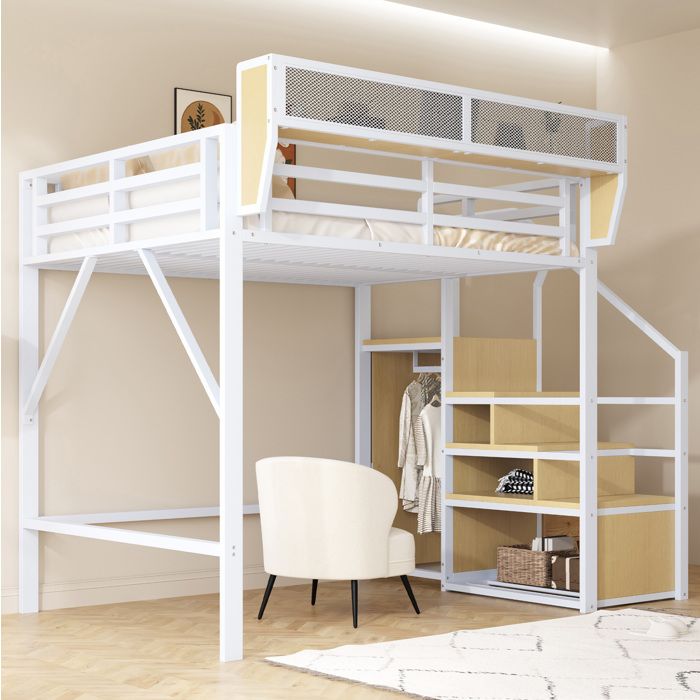 Lit mezzanine 140x200 cm avec étagère modulable et échelle de sécurité gain de place métal blanc