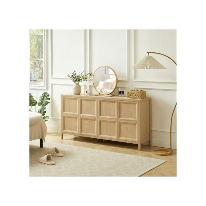 Buffet bas de salon 160 x 40 x 80 cm chêne clair avec 4 portes