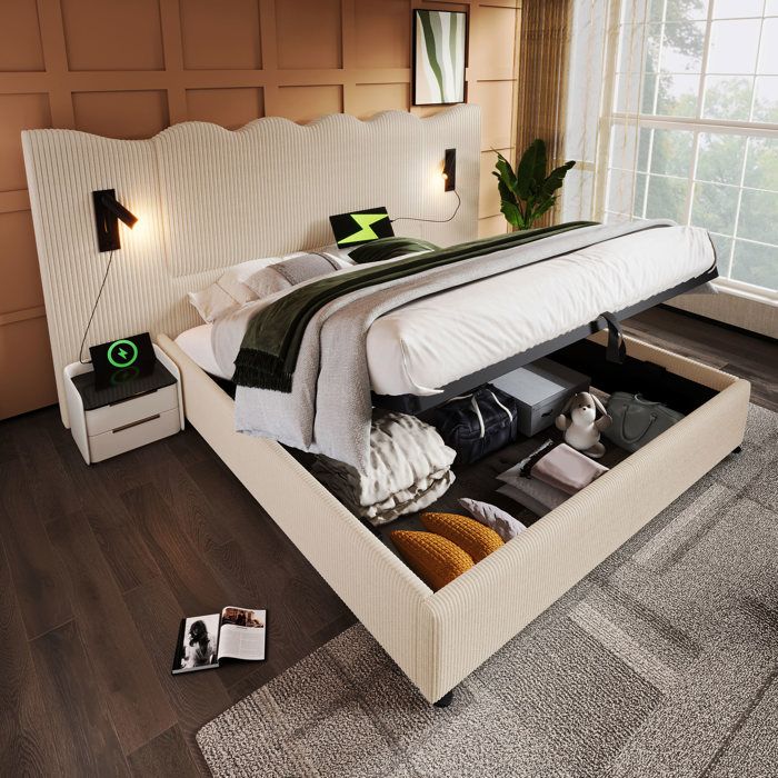 Lit rembourré 180 x 200 cm avec lampe de lecture et fonction de chargement USB Type-C lit coffre tissu velours côtelé blanc.