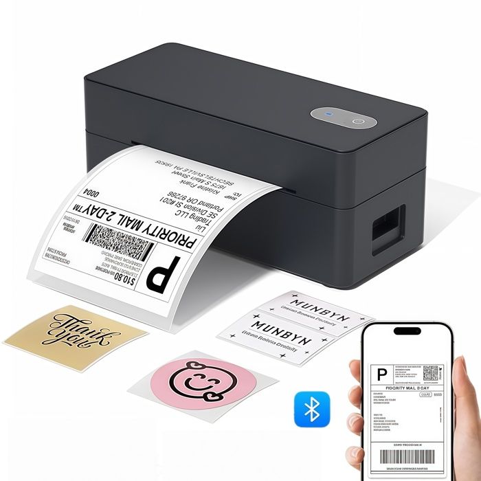 Imprimante détiquettes，Imprimante thermique Bluetooth/Wi-Fi à étiquettes adhésives（30-110mm），Sans encre，160mm/s，noir
