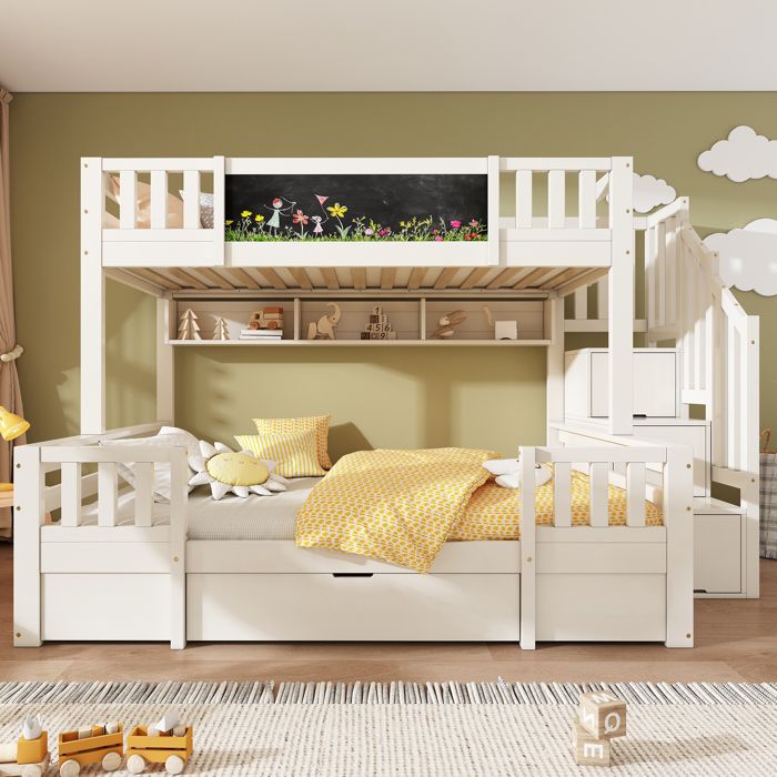 Lit superposé enfants - LEMONBEST - 3 places 90x200/140x200 - Bois massif - Tableau noir - Escalier rangement
