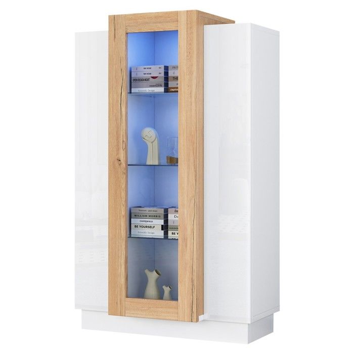 Vitrine Salon-Blanc&Naturel 120cm-3 Portes Vitrées LED-Étagères-Tiroir Verre-Bibliothèque Vitrine Salon-Blanc&Naturel 120cm-3 Portes Vitrées LED-Étagères-Tiroir Verre-Bibliothèque
