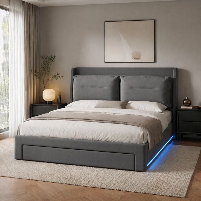 Lit capitonné LED avec rangement hydraulique et tiroir sommier à lattes - ELVMI - velours gris foncé 140×190 cm