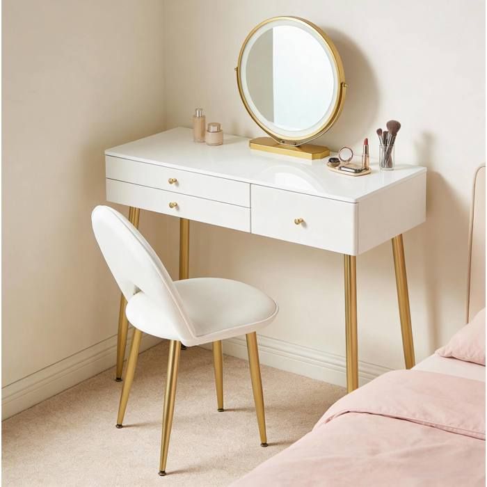 Coiffeuse avec miroir LED tactile 3 couleurs 3 tiroirs et tabouret réglable blanc et doré