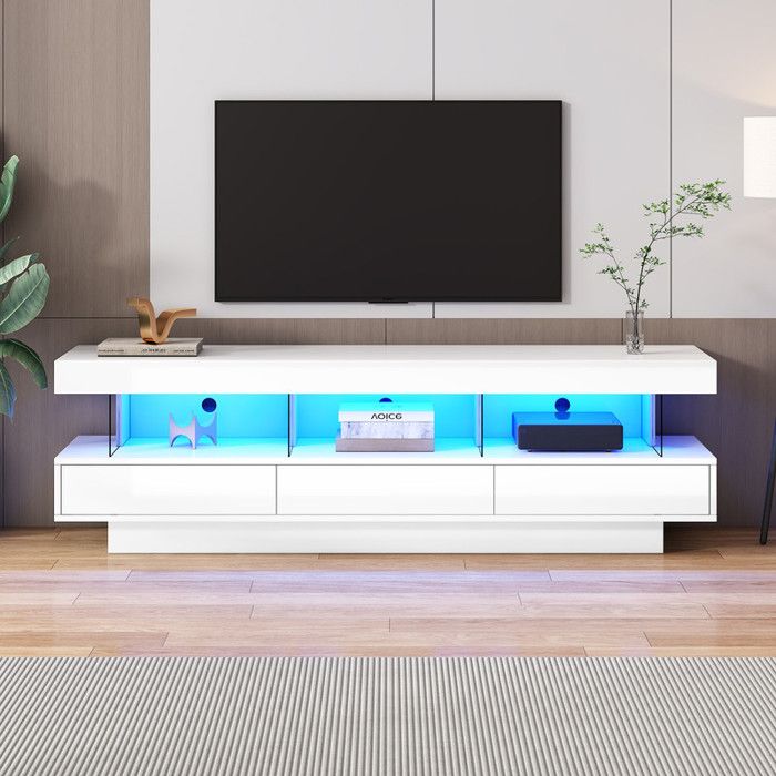 Meuble tv blanc brillant LED avec 3 compartiments en verre meuble TVpour téléviseur 70 poucesmeuble TV intelligent - 160x38x50.5cm
