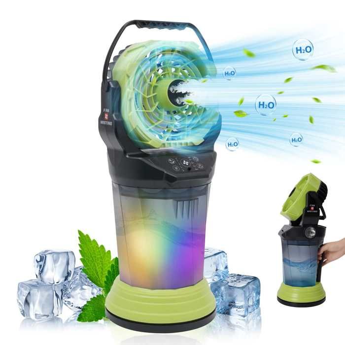 Ventilateur portable 15 000 mAh réservoir de 2 litres 4 vitesses de ventilation 4 modes de brumisation éclairage RGB vert