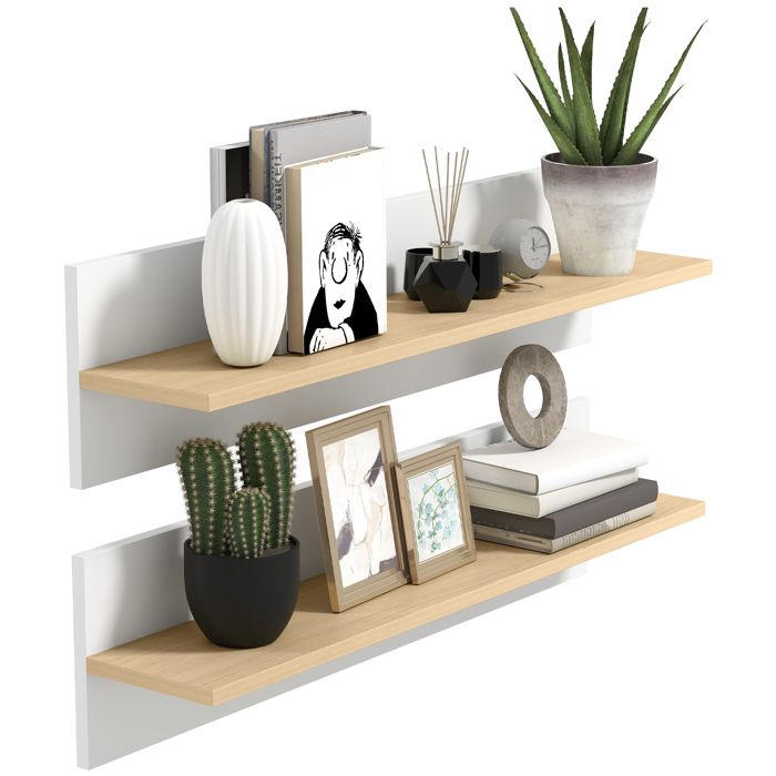 Lot de 2 étagères murales - HOMCOM - 80 cm - étagères flottantes - pour salon entrée chambre et cuisine - blanc et bois naturel