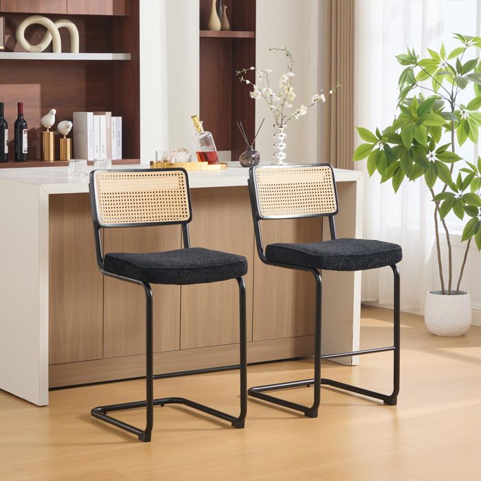 Tabouret de bar moderne - Lot de 2 chaises - Assise en tissu chenille - Dossier en bois avec aspect rotin
