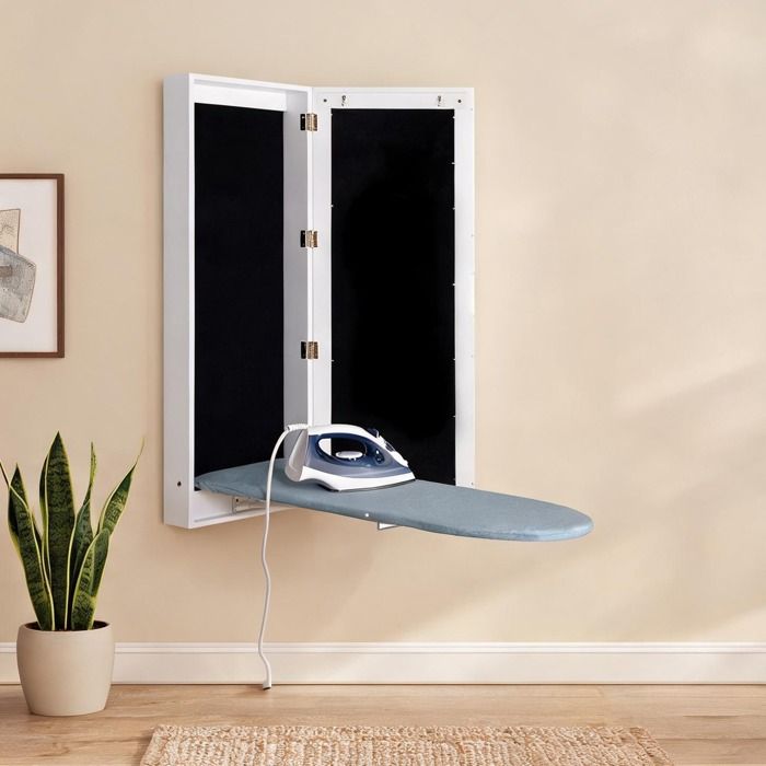 Planche à repasser murale avec miroir et rangement intégré MDF blanc mat 95 5 x 35 5 cm