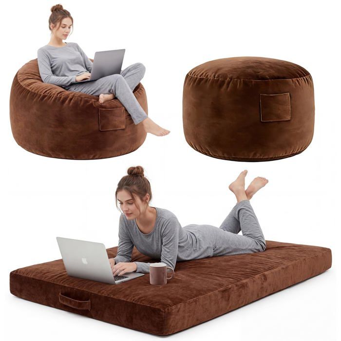 Garvee Pouf Géant XXL Convertible Lit Rembourré Housse Microfibre Douce Idéal Salon & Gaming Marron